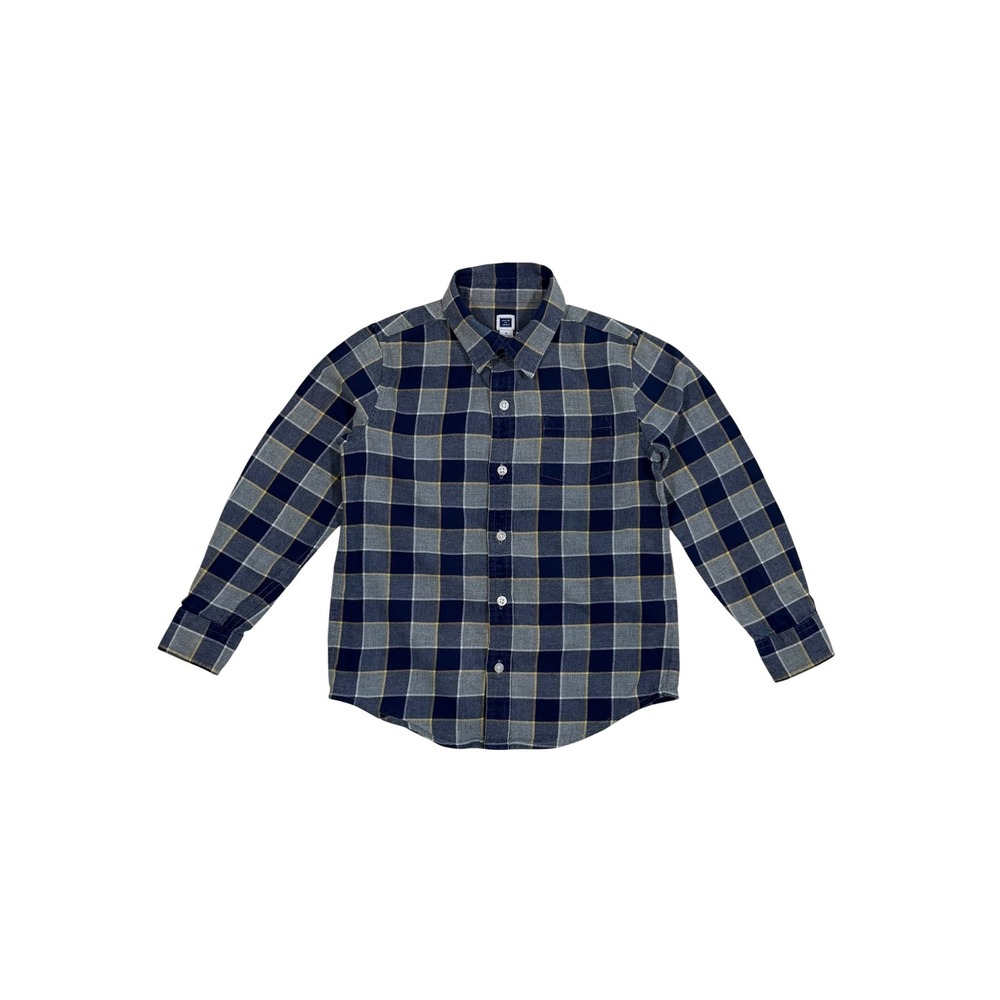 Janie and Jack Boys Navy Blue Grey Yellow Plaid Button Down Shirt Size 5